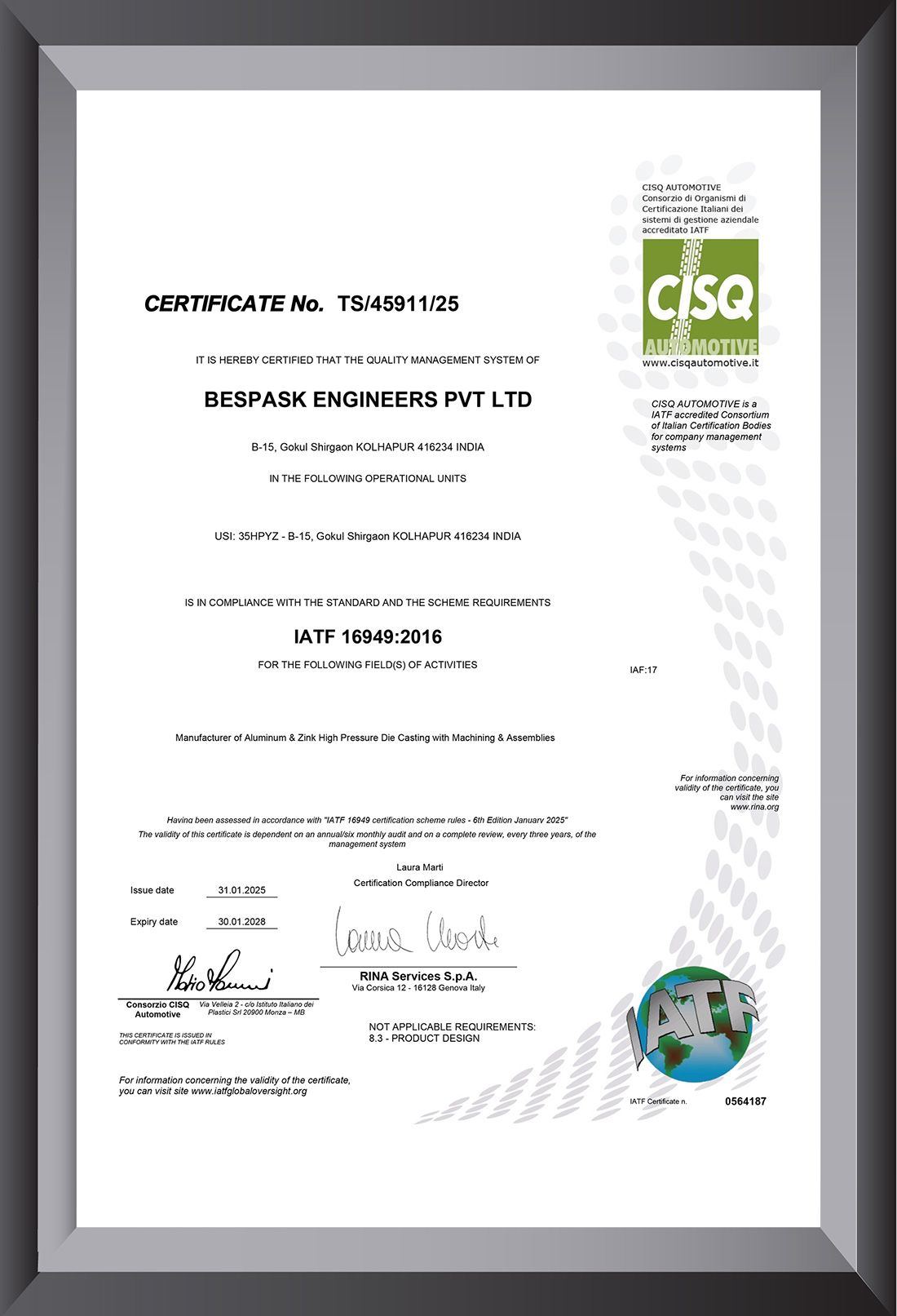 Besapak Engineers ISO 9001:2015 Certified Company