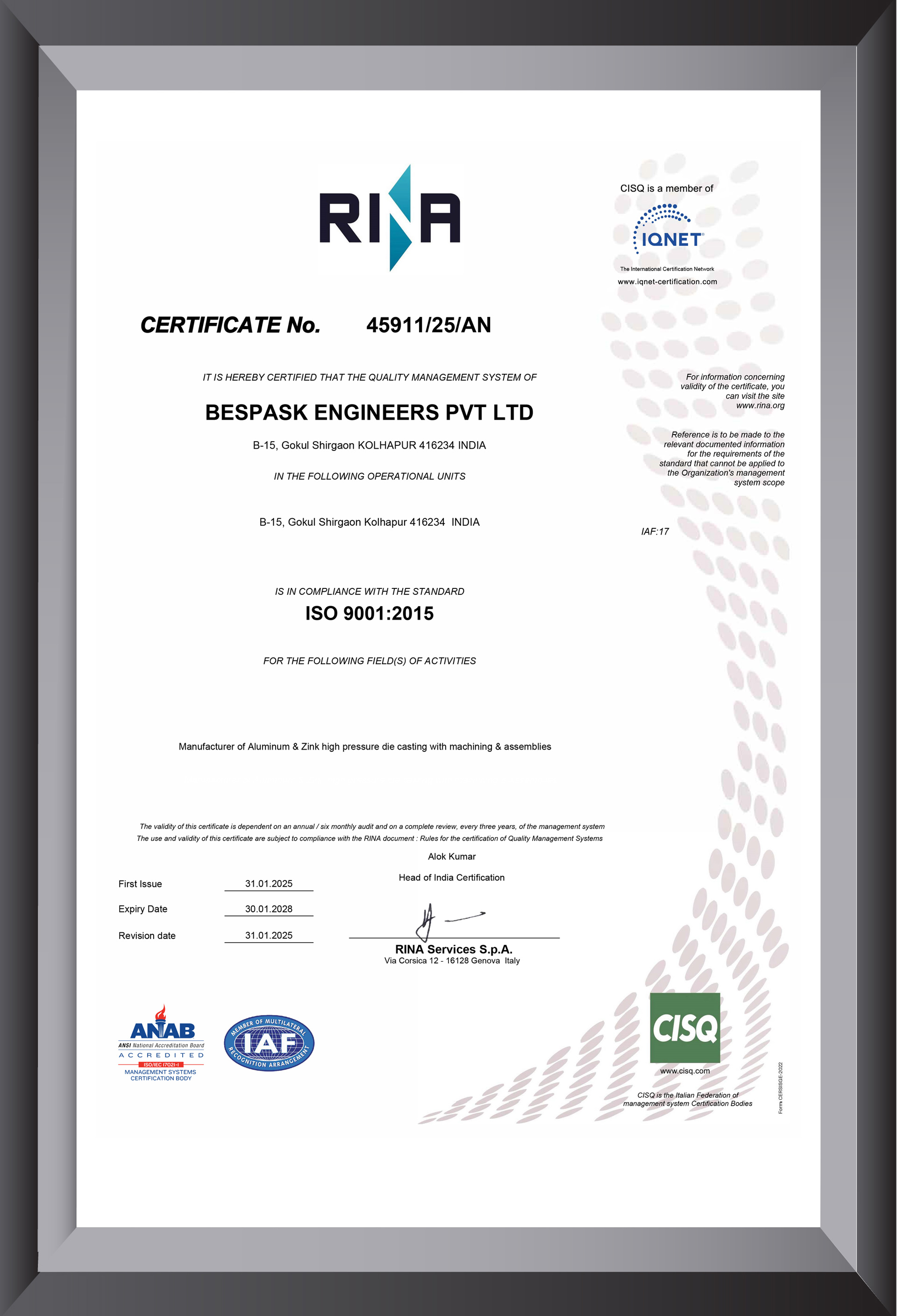 Besapak Engineers ISO 9001:2015 Certified Company